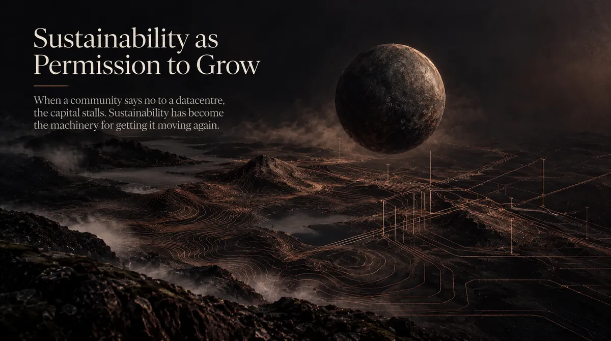 The essay title, Sustainability as Permission to Grow, over dark botanical artwork, with the line: when a community says no to a datacentre, the capital stalls.