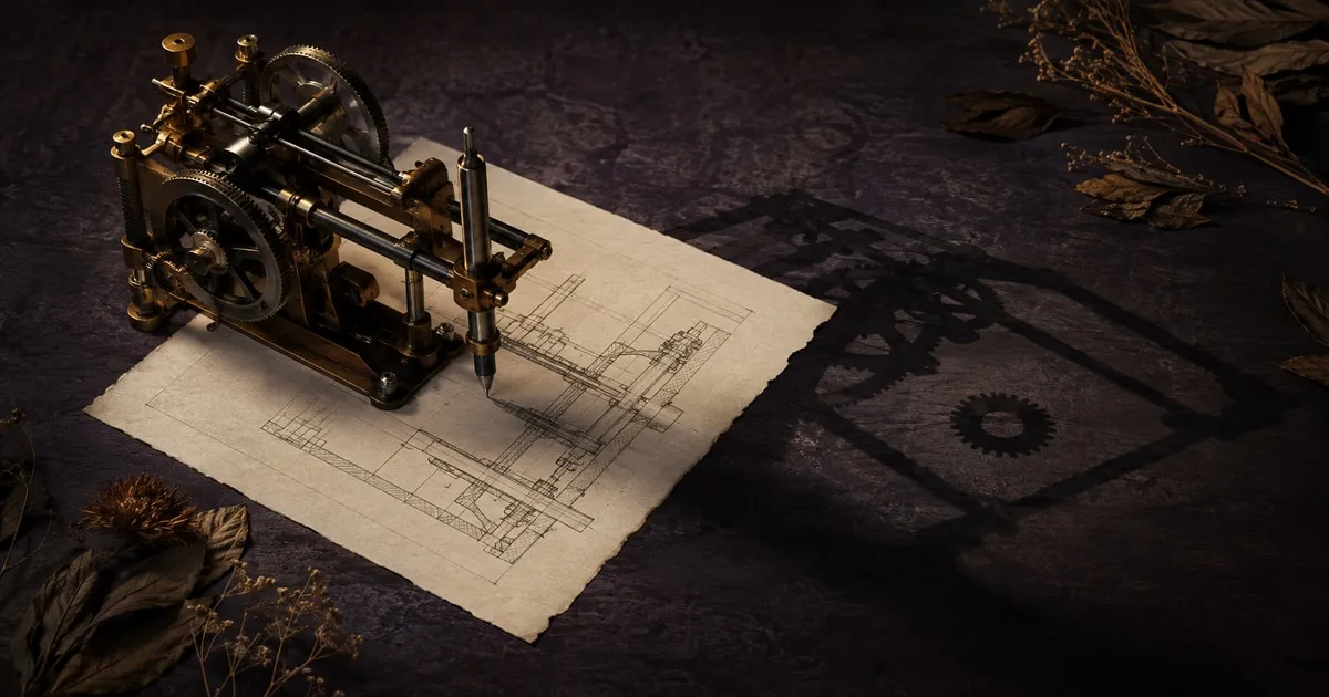 A brass analytical machine draws a precise blueprint while its shadow reveals a disconnected gear.