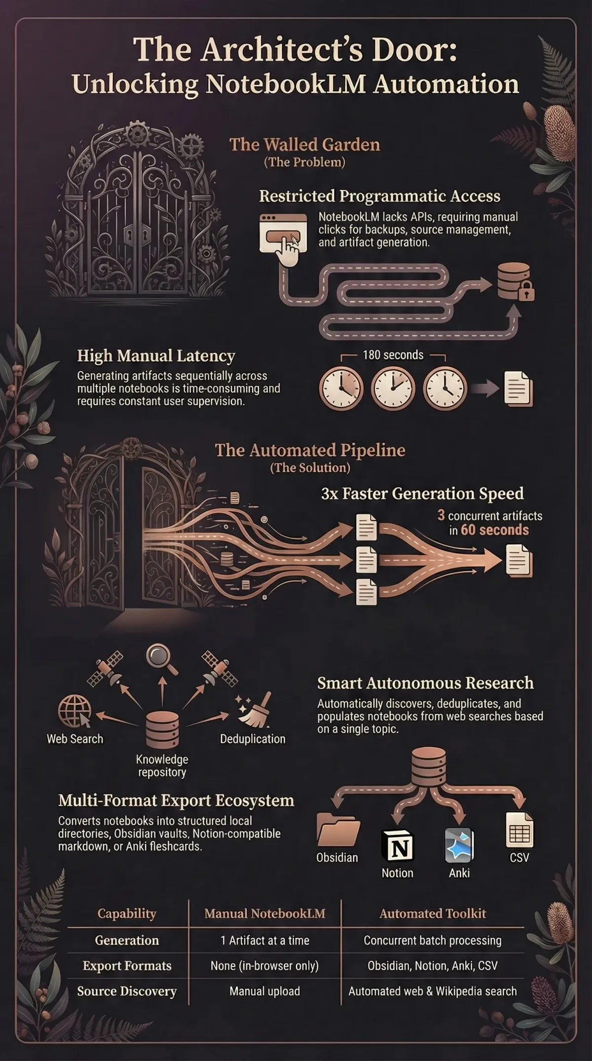 Infographic summarising the project: “NotebookLM Automation”