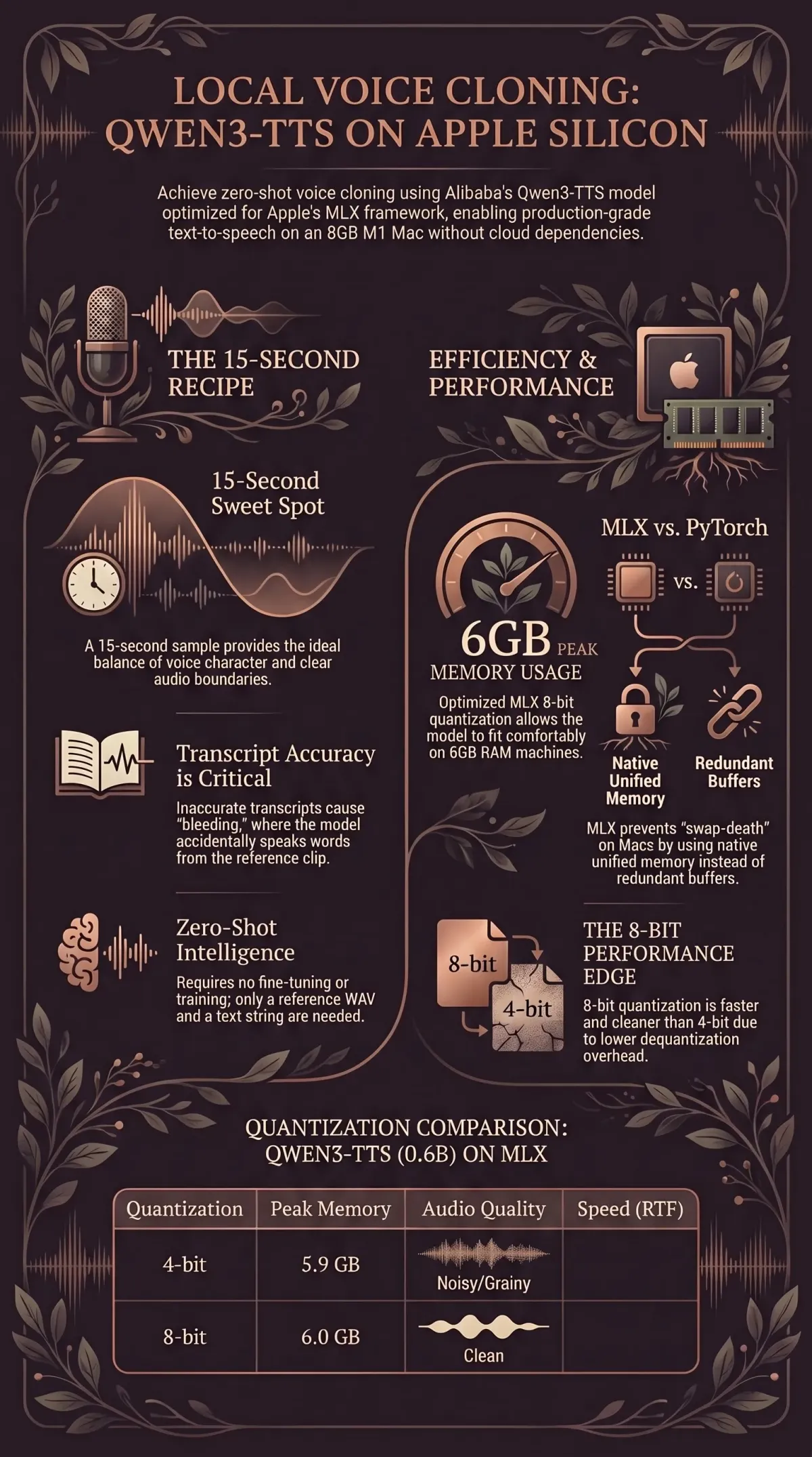 Infographic summarising the article: “Voice Cloning with Qwen3-TTS and MLX on Apple Silicon”