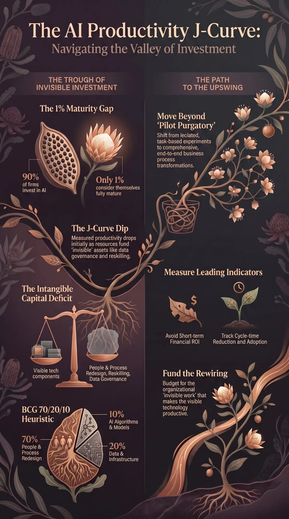 Infographic summarising the article: “The AI Productivity J-Curve: Why Most Enterprise AI Fails”