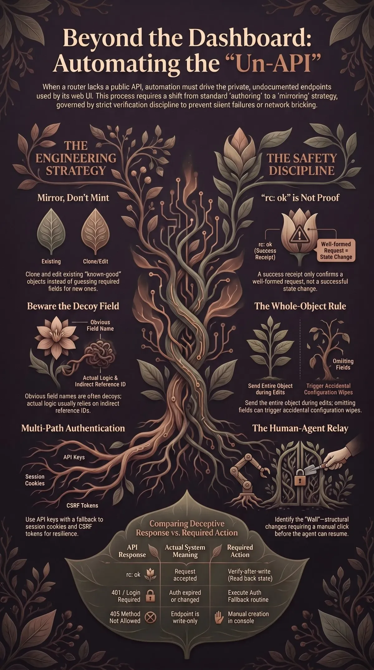 Dark botanical infographic: reverse-engineering an undocumented router API and the wall the agent could not script past.