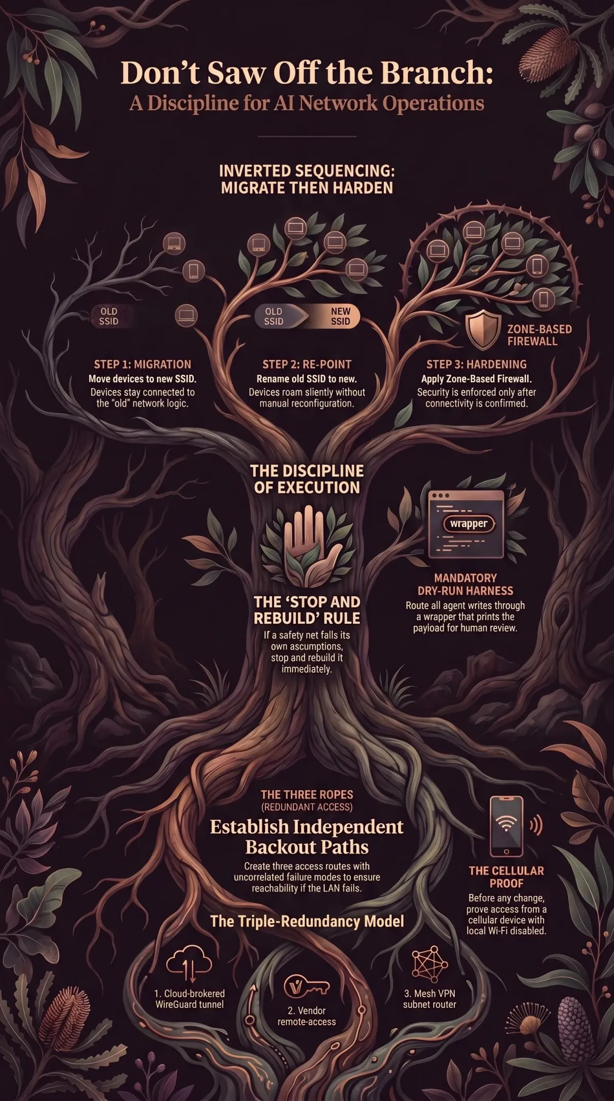 Dark botanical infographic: building independent backout paths and safety nets before an AI agent rebuilds a live home network.