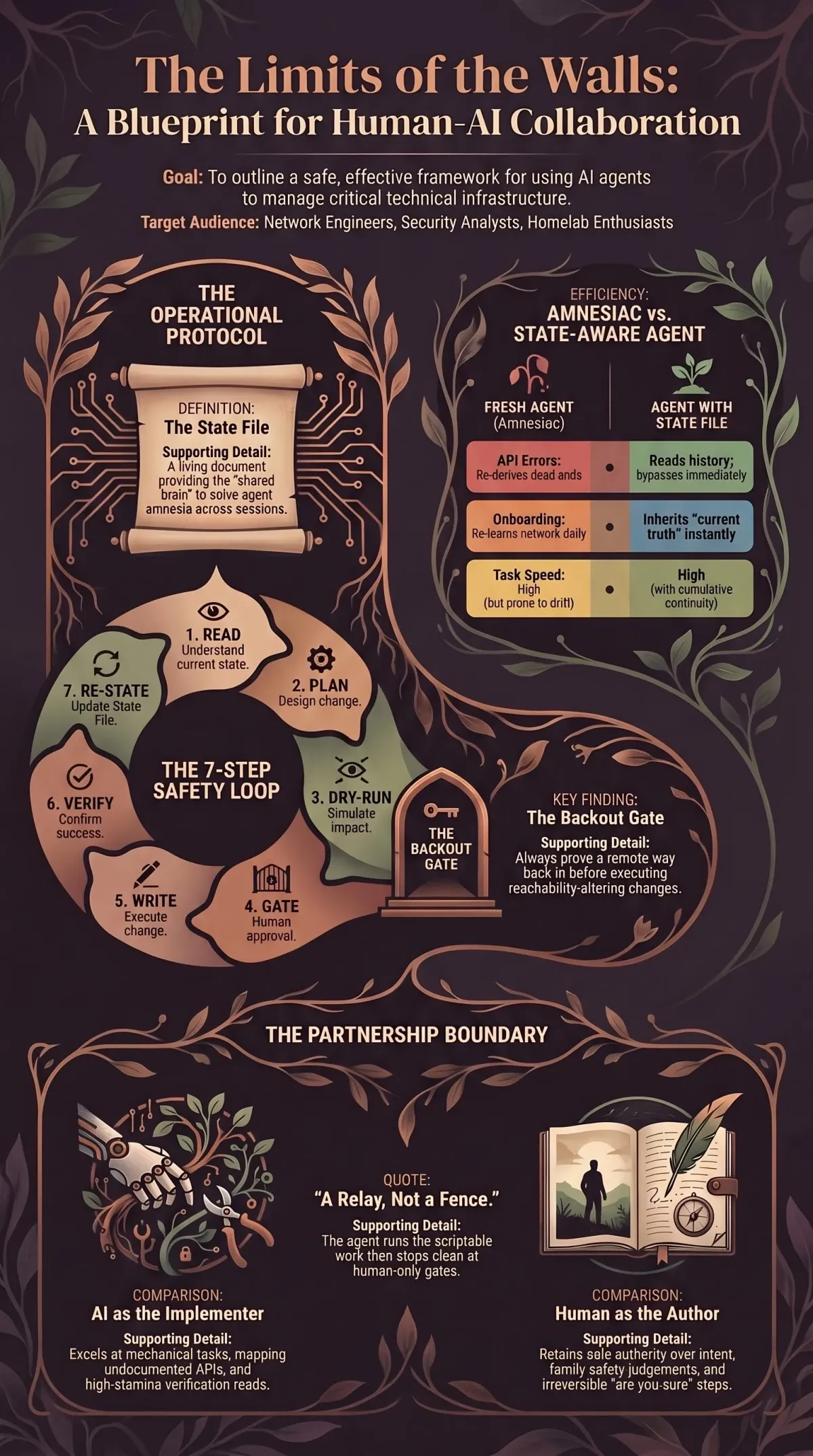 Dark botanical infographic: the division of labour and the limits of handing a live home network to an AI agent.