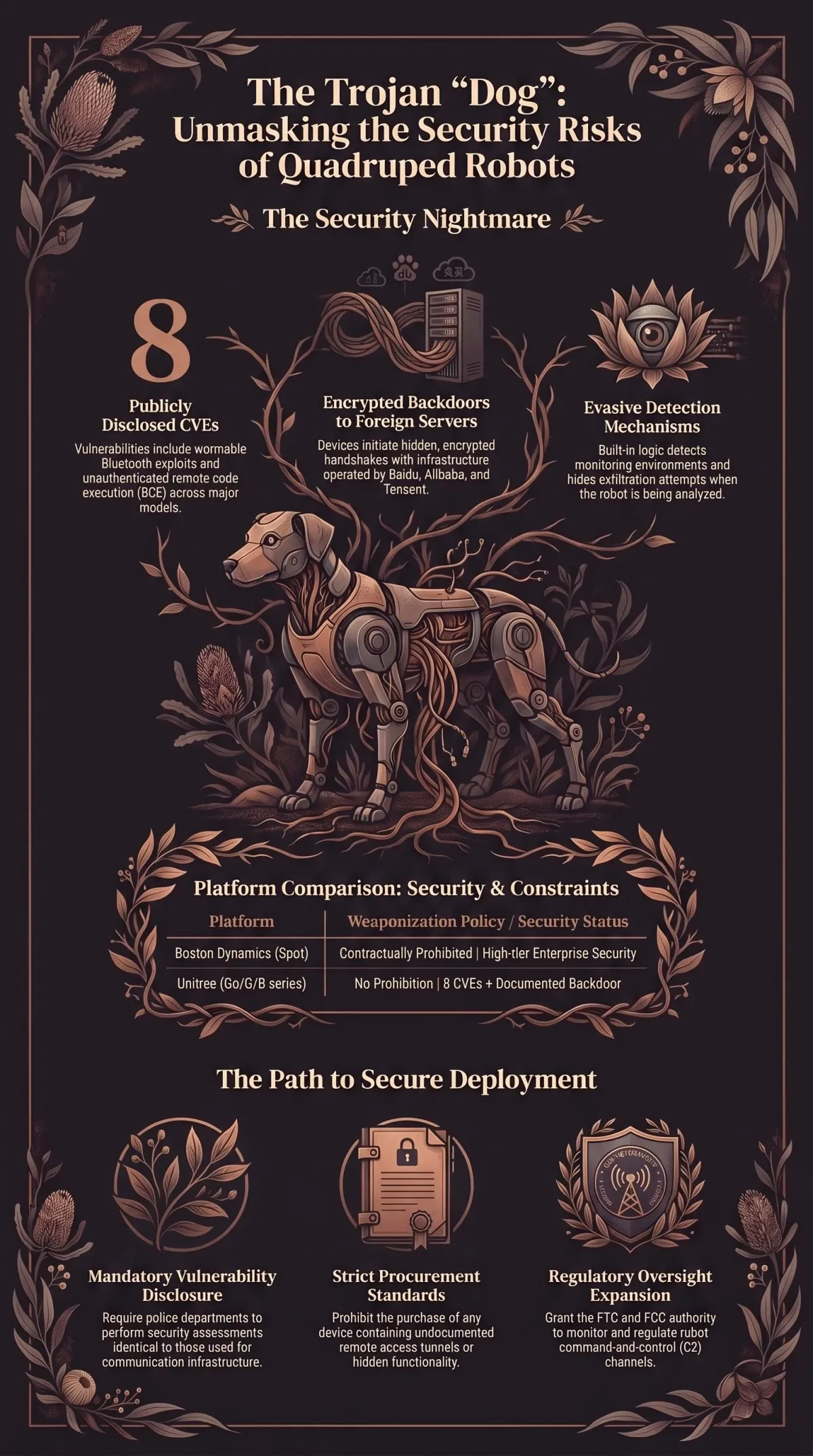 Infographic summarising the article: “Robot Dogs Are a Security Nightmare — And We Can Prove It”